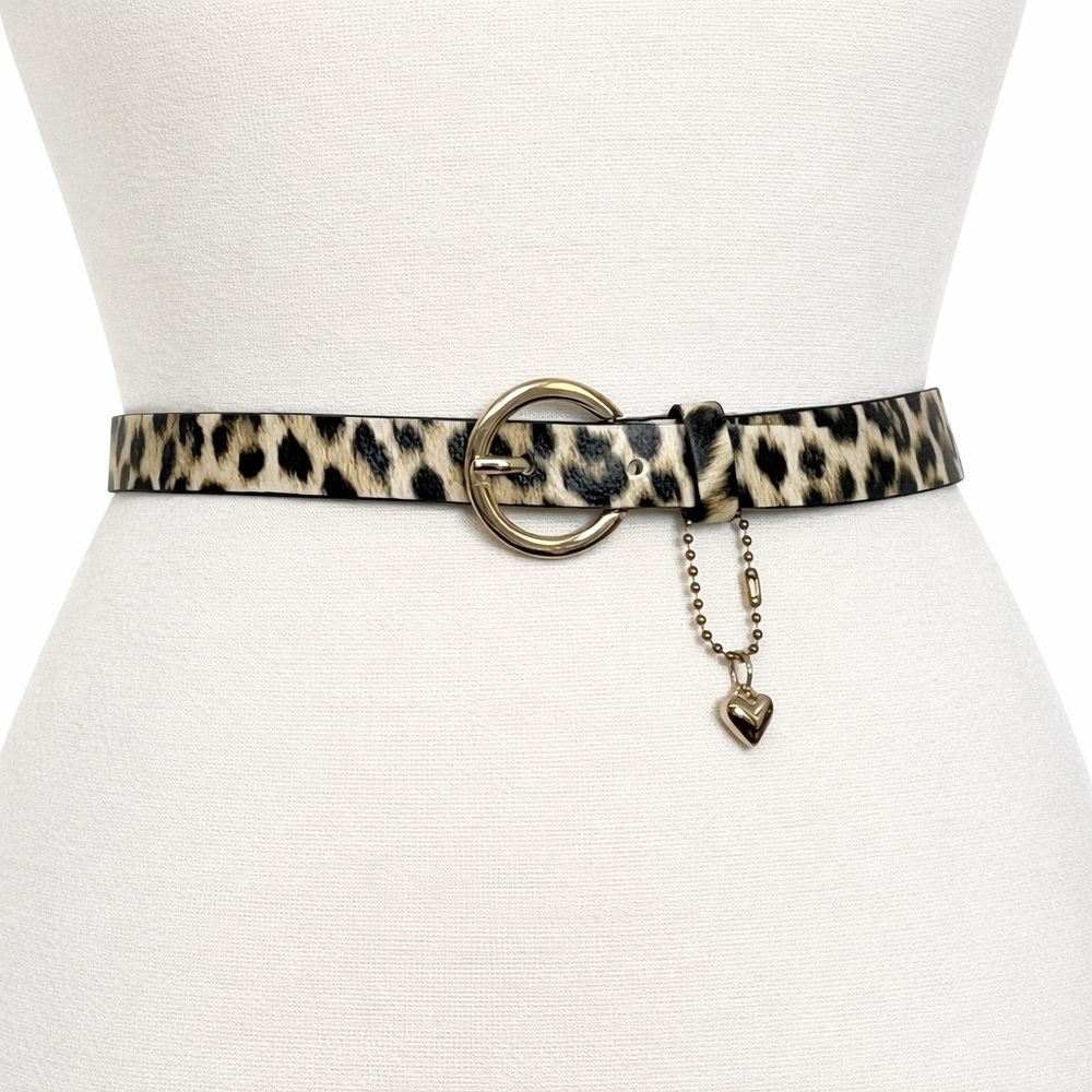 Juicy Couture Leopard Print Belt. Gold Hardware Heart Logo Charm Mob Sz. L/XL
